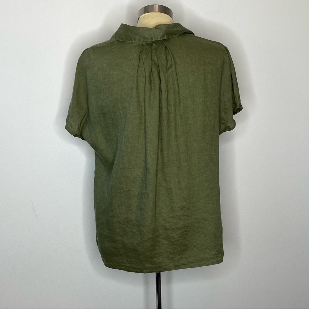 J. Jill Olive Linen Short Sleeve Button Down Top - Picture 3 of 7